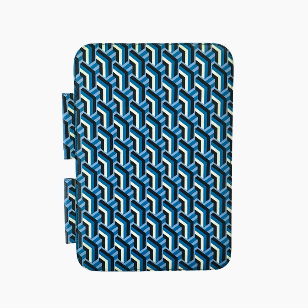 Prada Pervinca Ipad Case Size TU Saffiano Twist Blue Geometric Pattern NIB